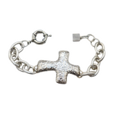 New Women Silver Metal Chain Link Wrist Bracelet Hammered Cross Charm Weekend Look